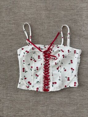 White Cherry-Print Lace-Up Corset Cami Top